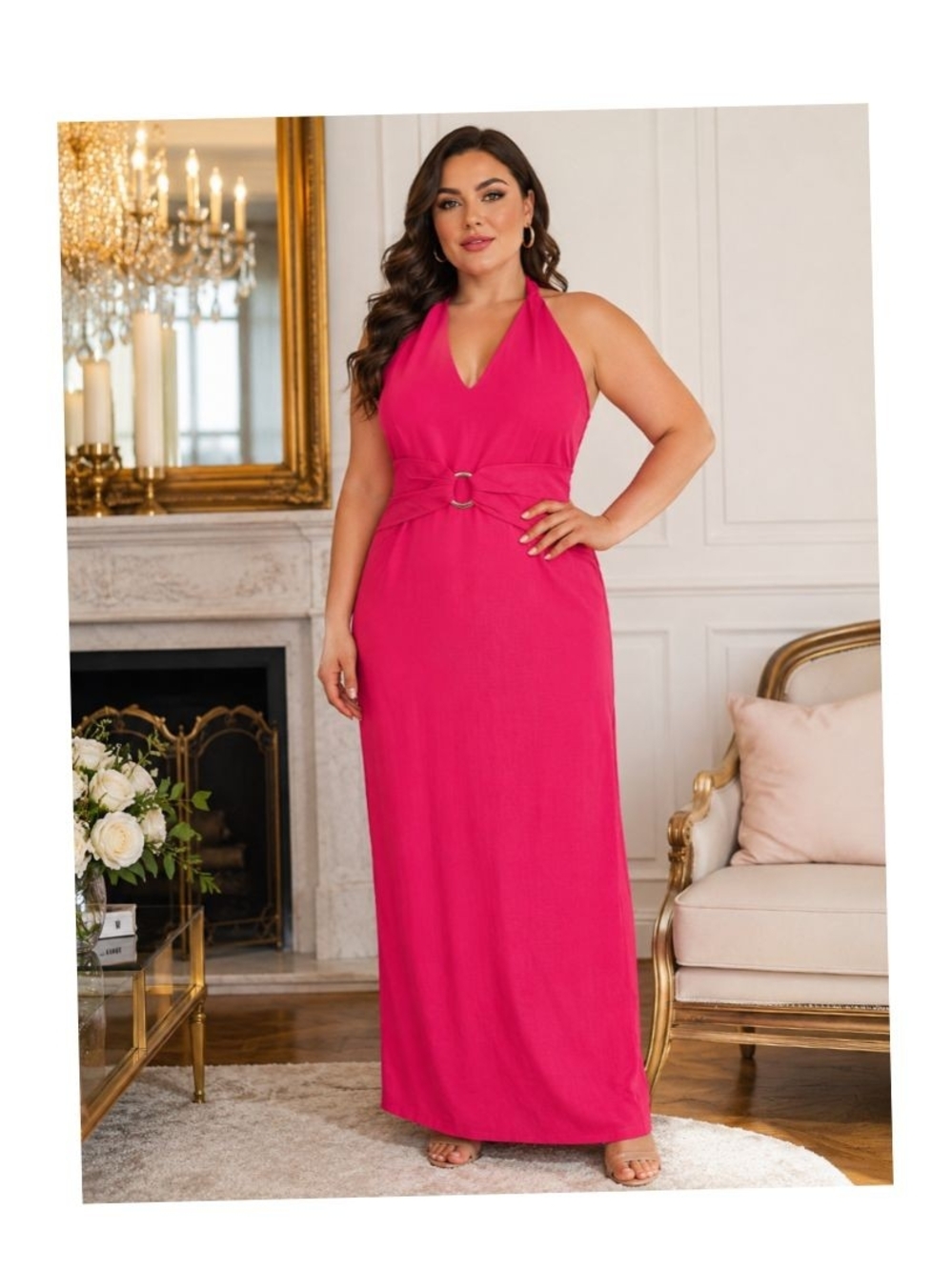 Donna Morgan Hot Pink Halter Maxi Dress with Waist Ring Detail